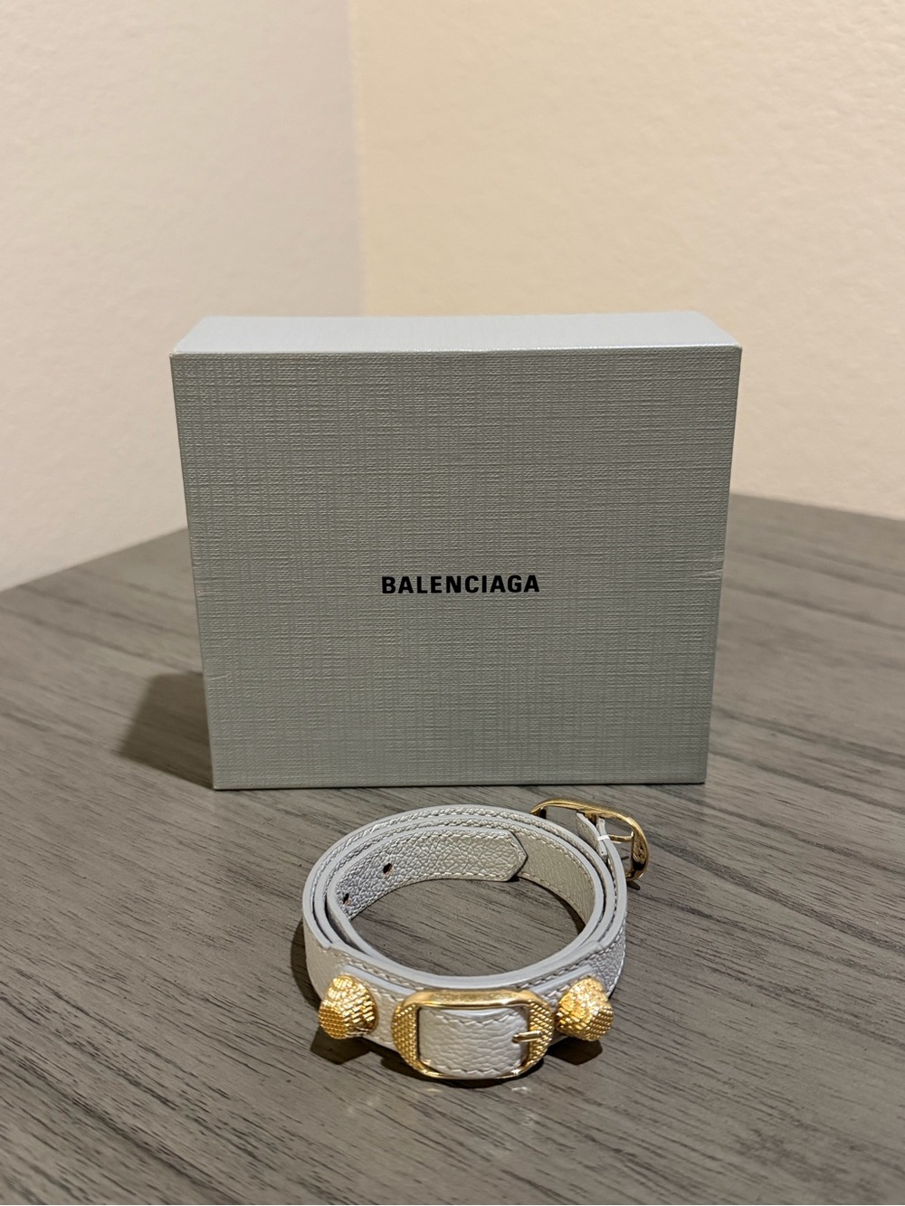Balenciaga Gray Leather Double Wrap Bracelet with Gold Knob Accents